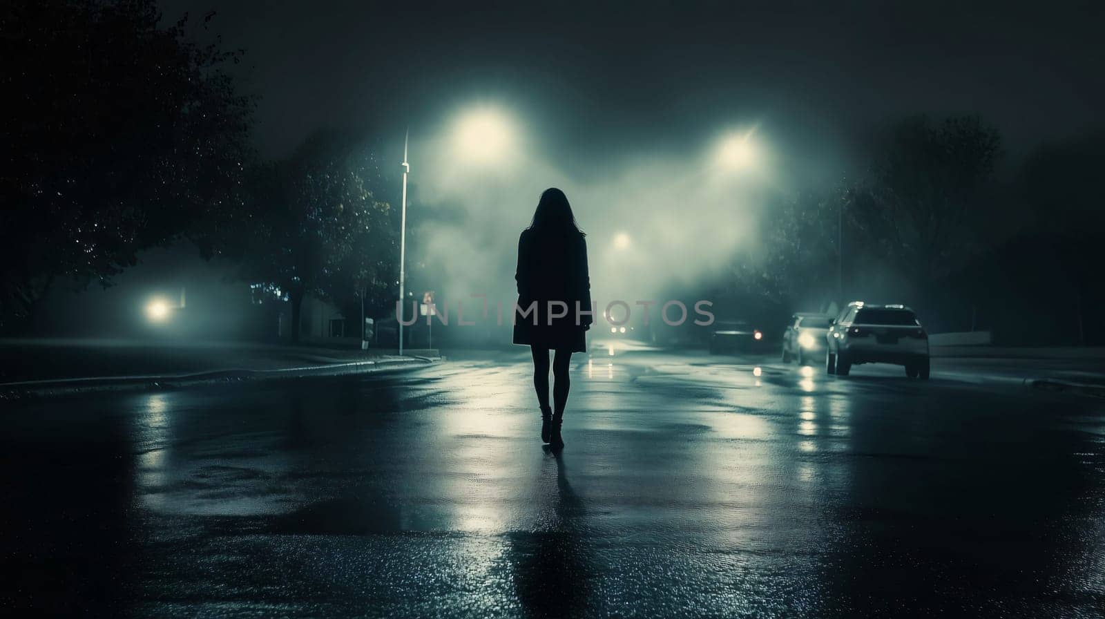 Woman is walking down a foggy street at night, with cars driving towards her in the distance