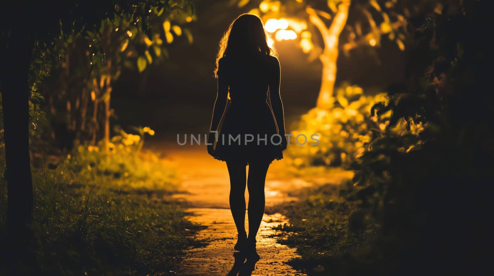 Woman is taking a walk alone at night on a path in a park, lit by street lights