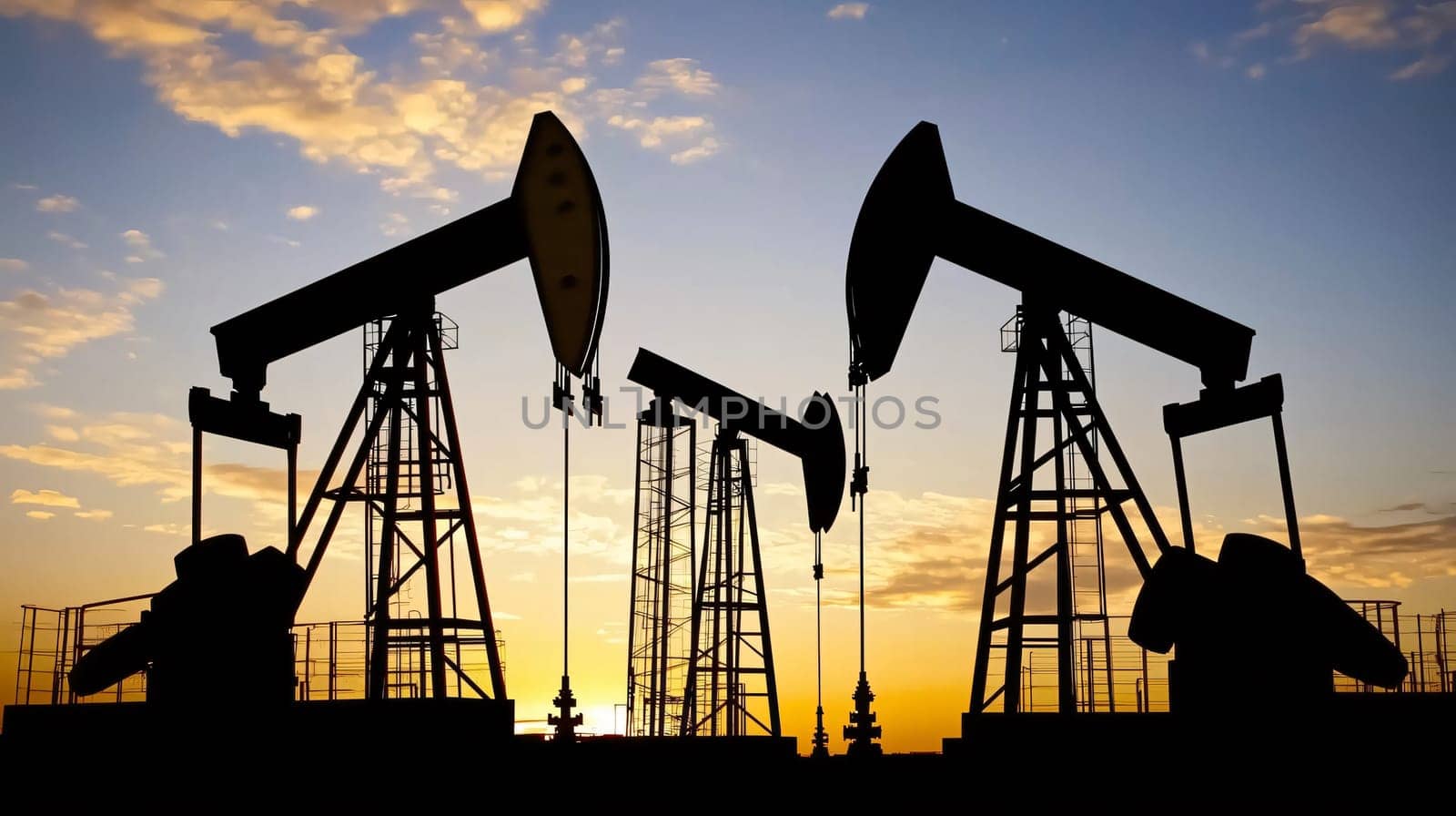 Oil derricks pumping crude oil out of the ground at sunset