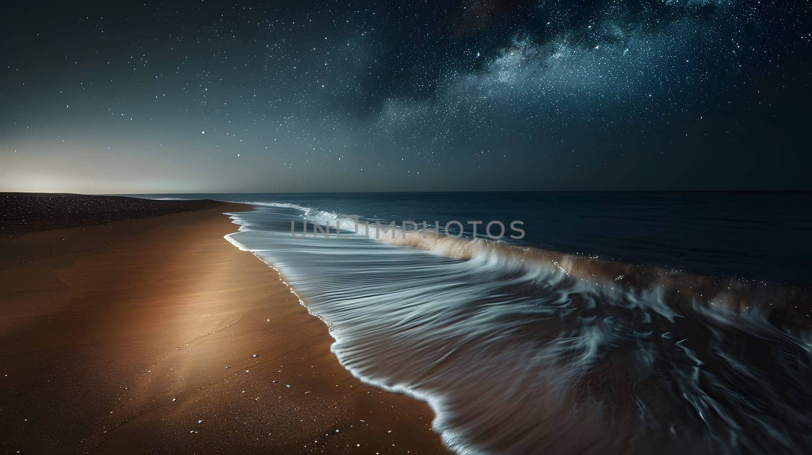 Serene beach at night, waves rolling under starlit sky, exudes calm and tranquility