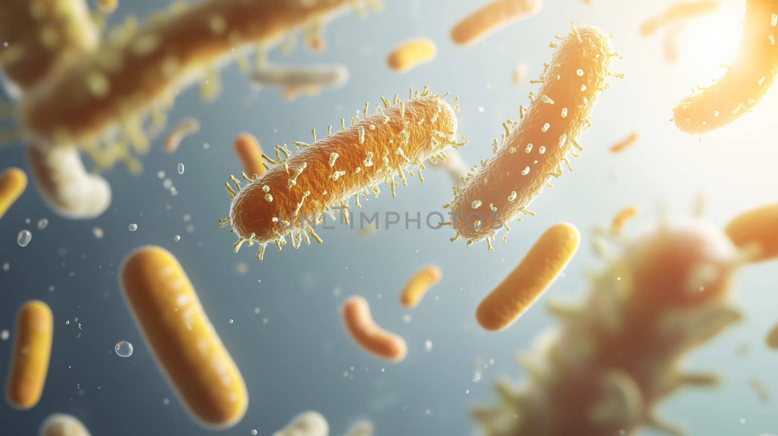 Microscopic view of bacteria cells floating in a body with light effect