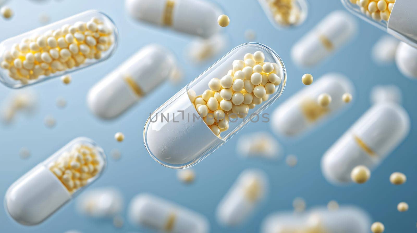 White and yellow pills are falling on a light blue background
