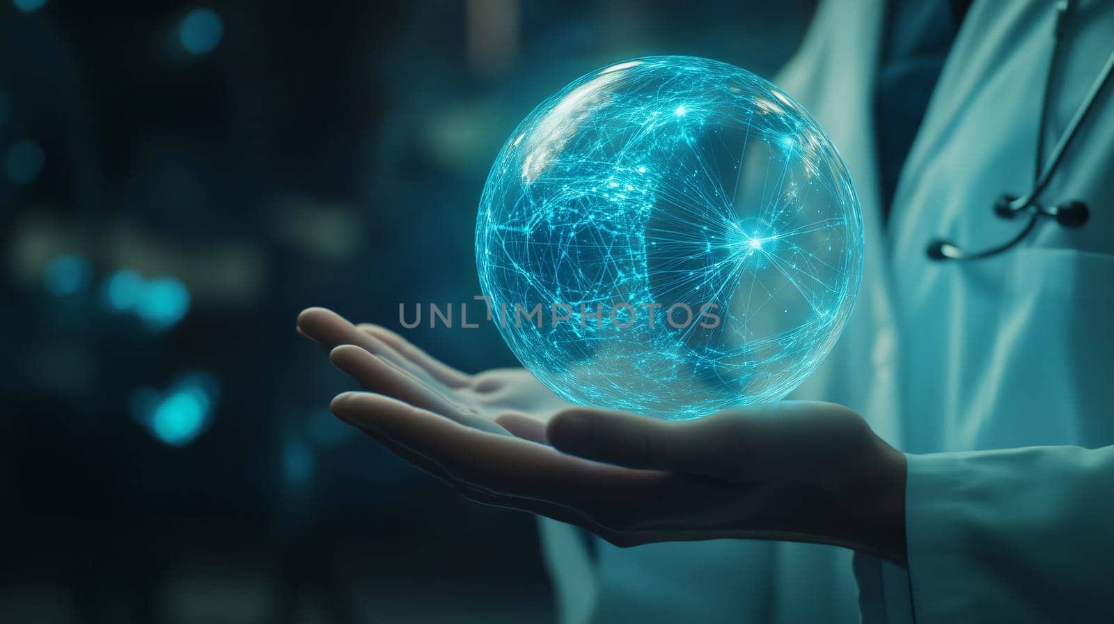 Doctor is holding a digital globe, representing global healthcare and technology