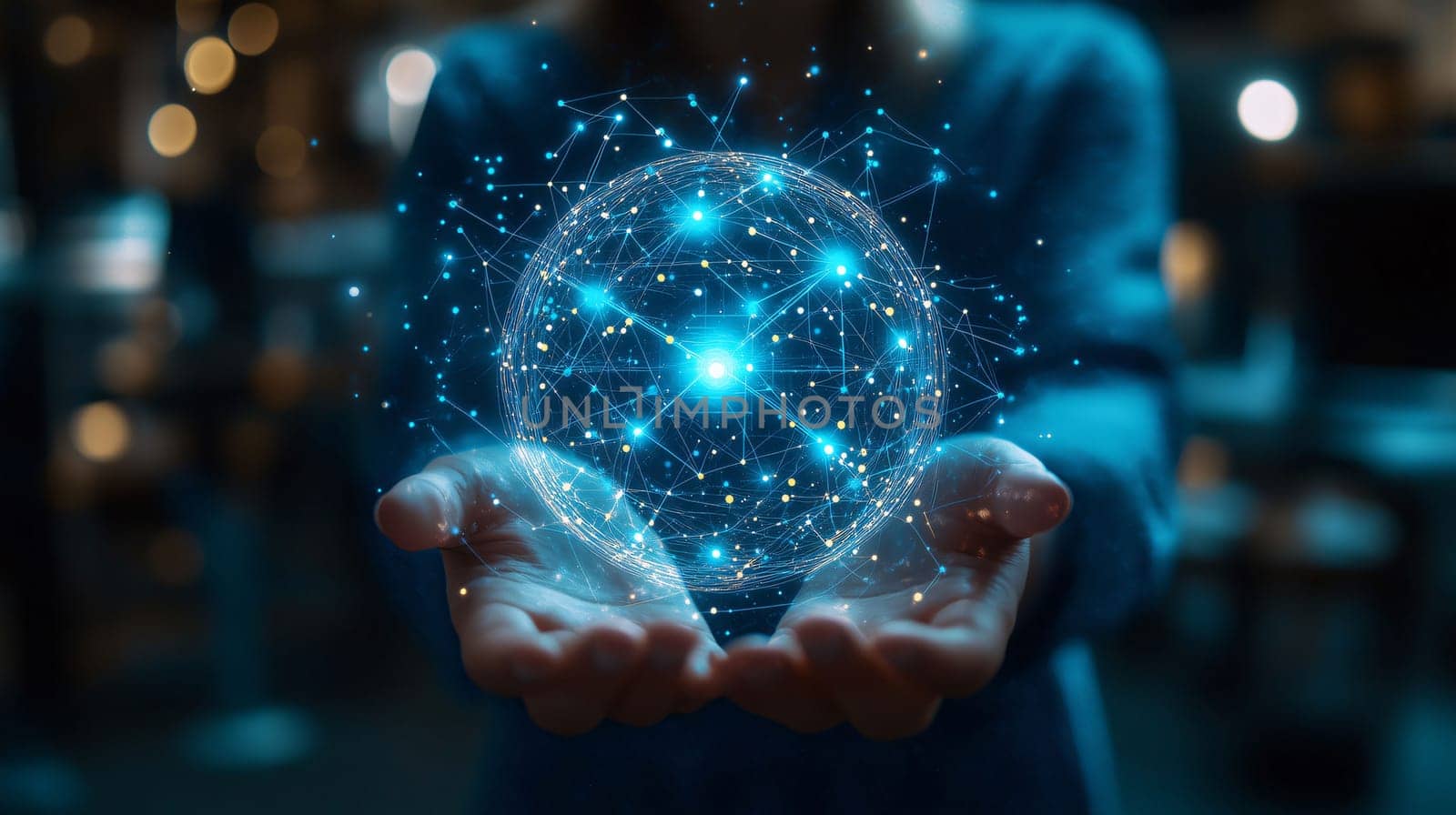 Businesswoman presenting a global network connection with her hands, concept of global business and technology