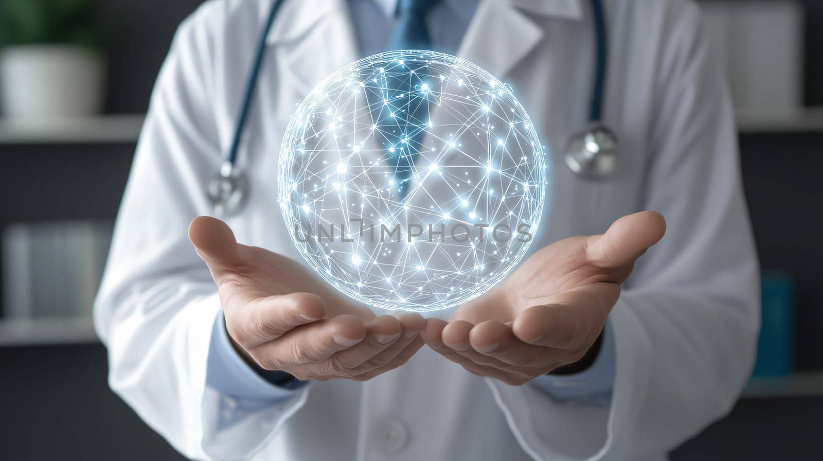Doctor is holding a digital global network, representing the concept of global healthcare and technology in medicine
