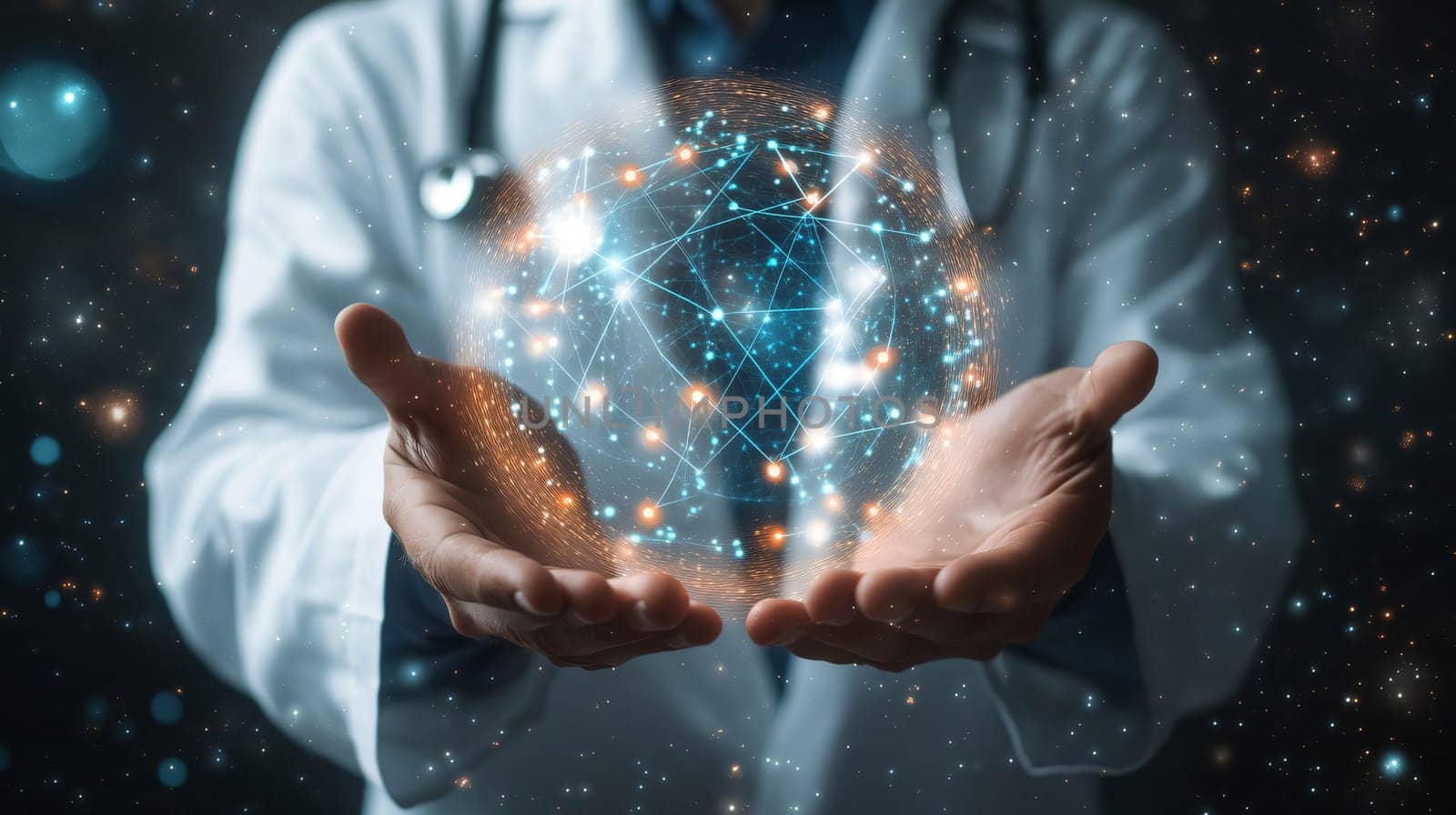 Doctor is holding a digital global network hologram in his hands, symbolizing the future of healthcare