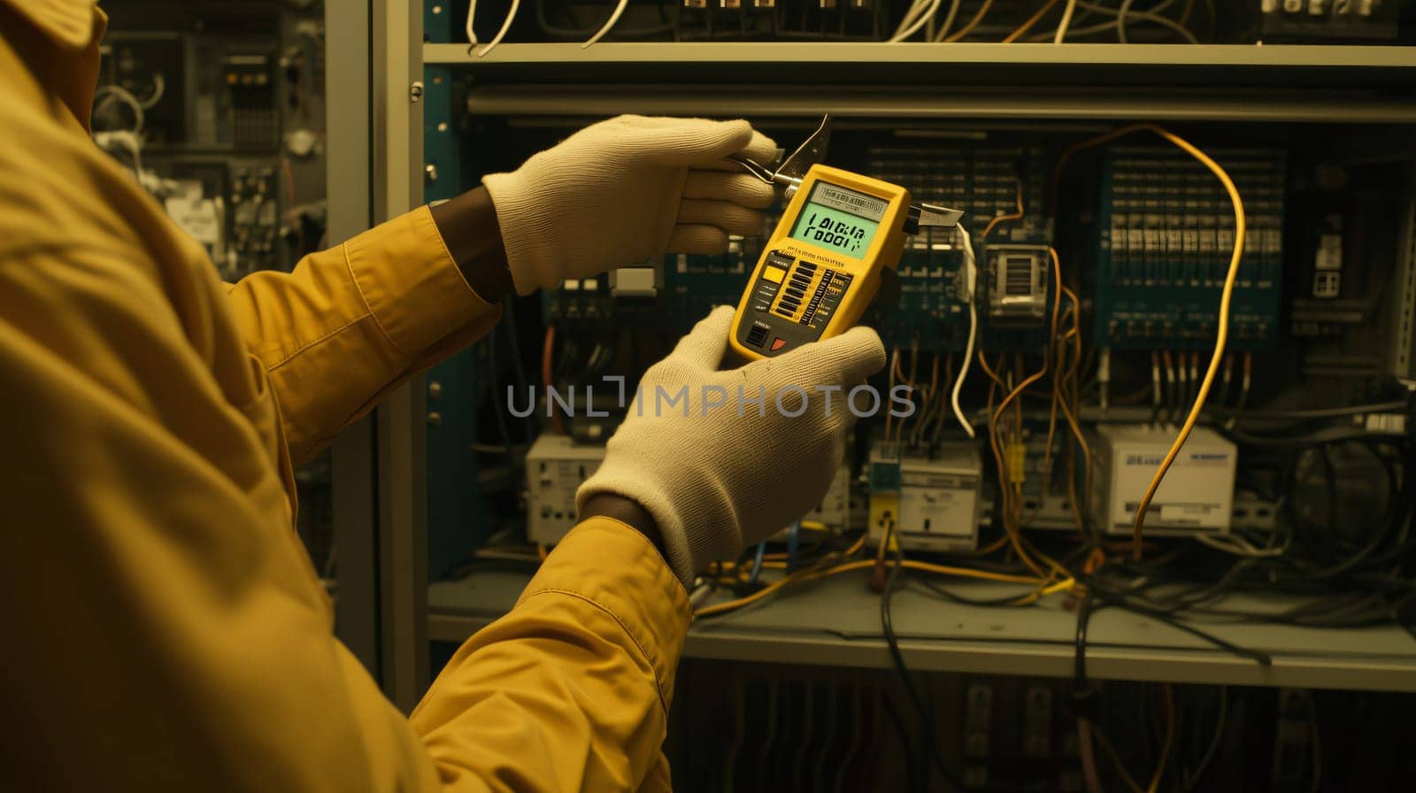 Electrician wearing protective gloves is taking measurements in an electrical panel using a digital multimeter