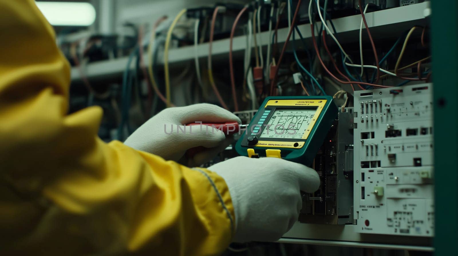 Electrician wearing protective gloves is using a digital multimeter, performing diagnostics of electric systems in a server room