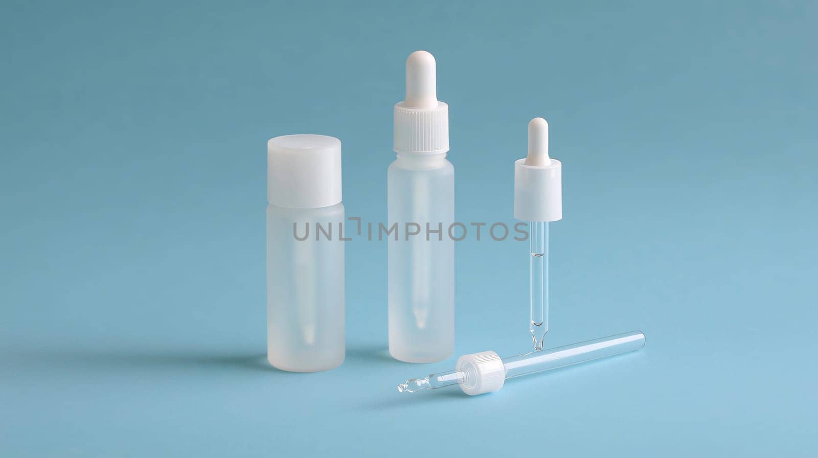 Set of cosmetic dropper bottles is standing on a blue background