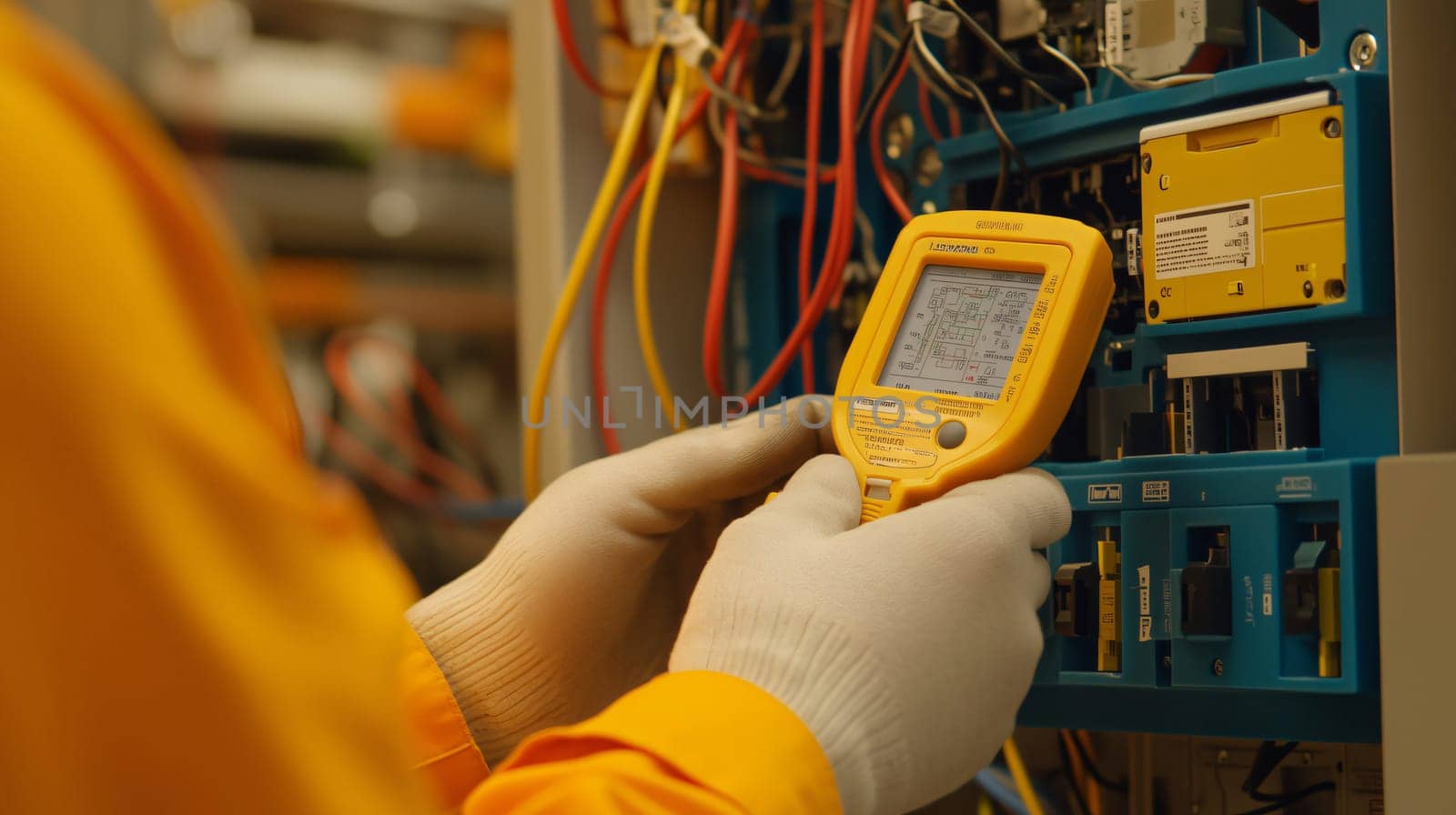 Electrician wearing protective gloves is using a digital multimeter to analyze electricity readings on a circuit breaker panel