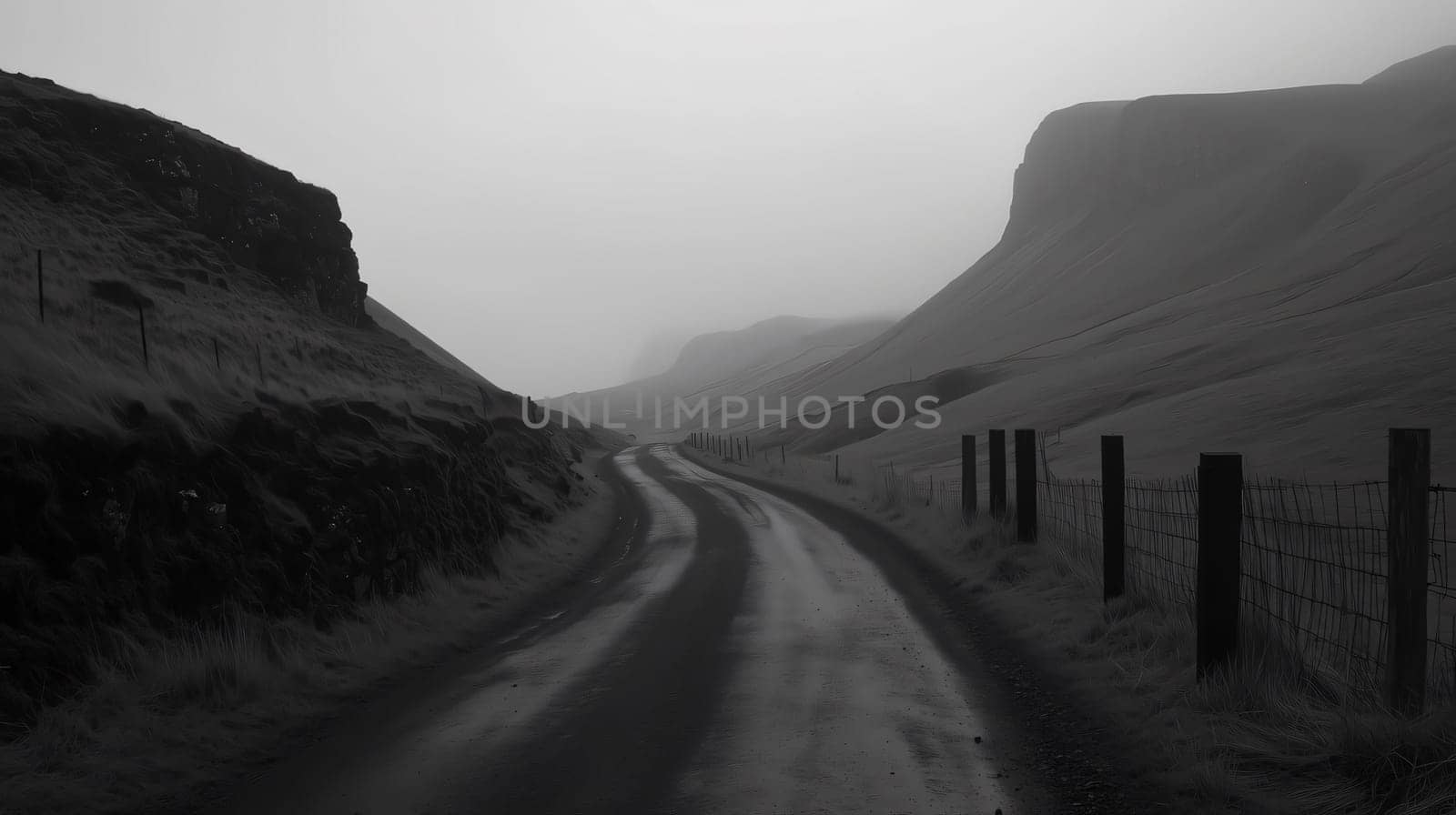 Winding mountain road is disappearing into thick fog on a cold day
