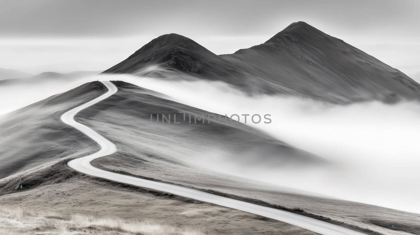 Scenic view of a winding mountain road partially covered by a thick fog, creating a mysterious and captivating atmosphere