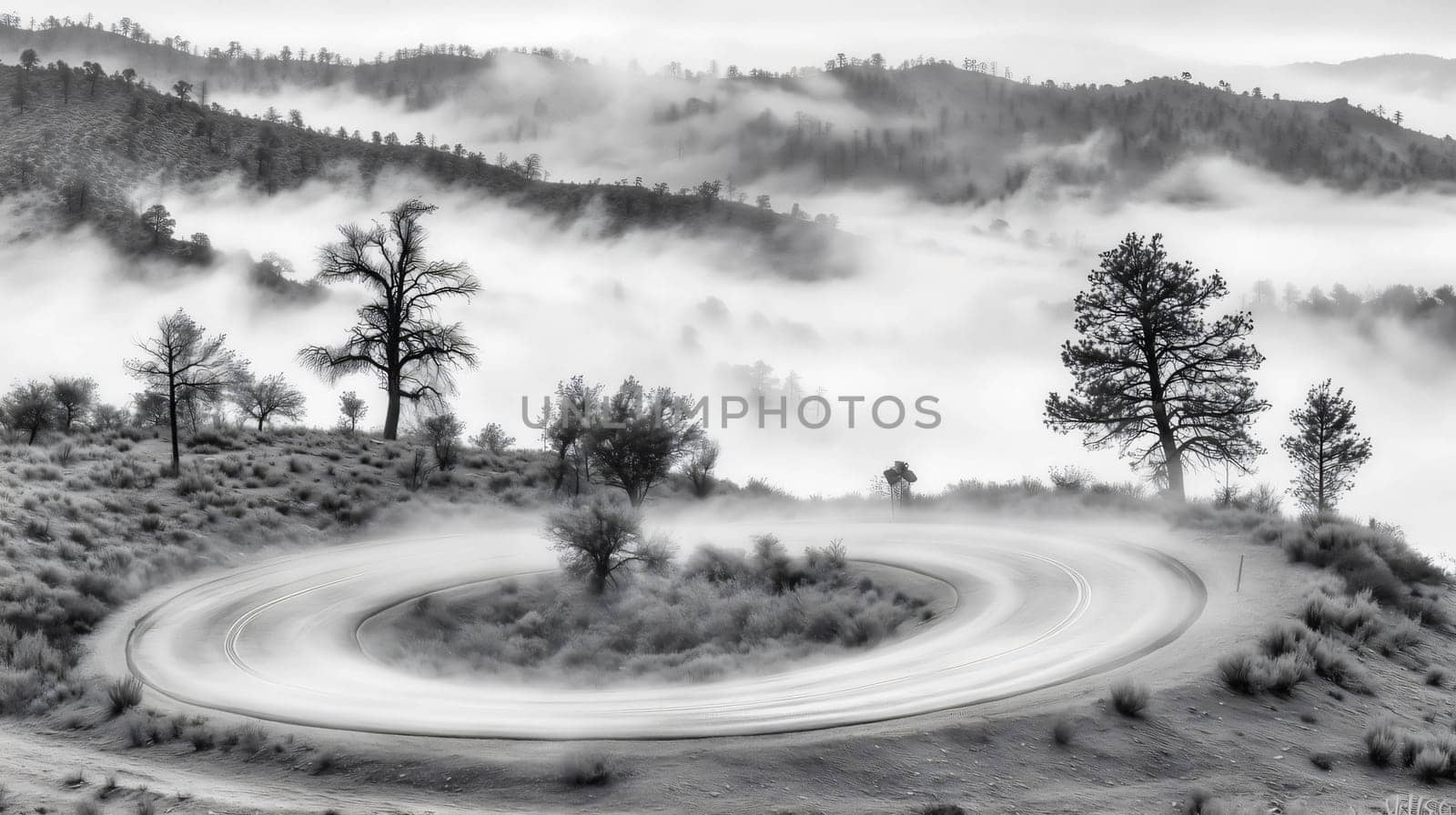 Long exposure of a winding mountain road disappearing into thick fog, in black and white