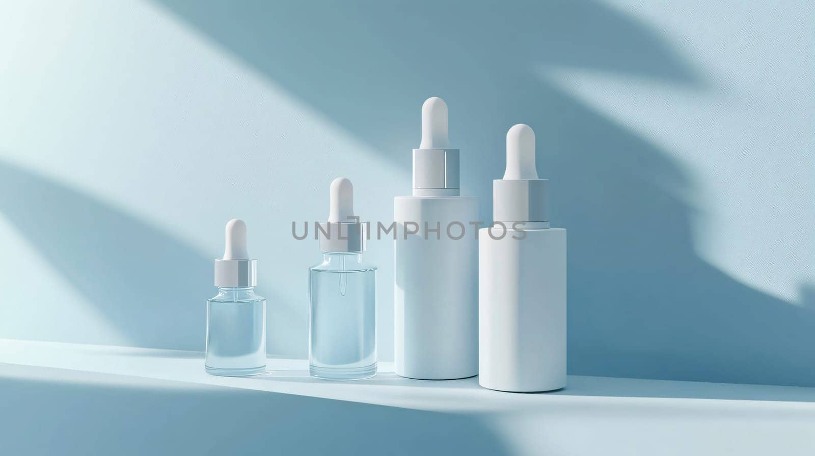Four cosmetic bottles are standing on a surface with shadows