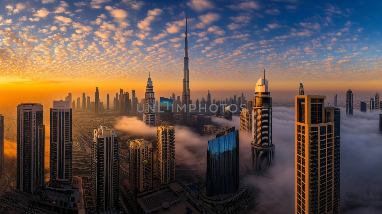 The impressive dubai skyline with the burj khalifa towering above the clouds during a breathtaking sunset