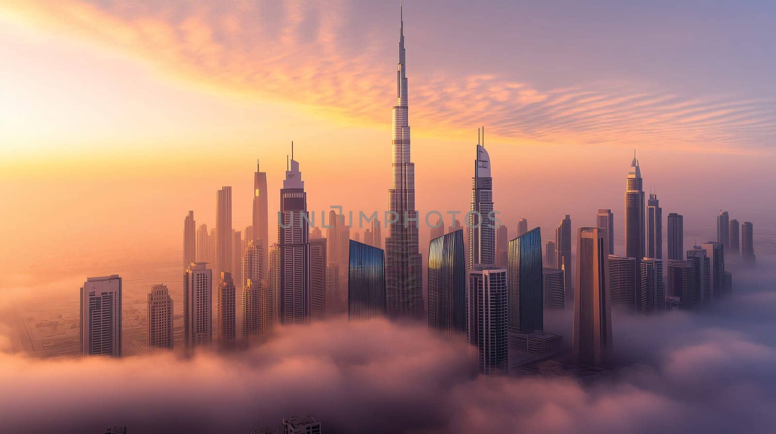 The burj khalifa and dubai skyline are illuminated by the morning sun as they rise above a sea of clouds