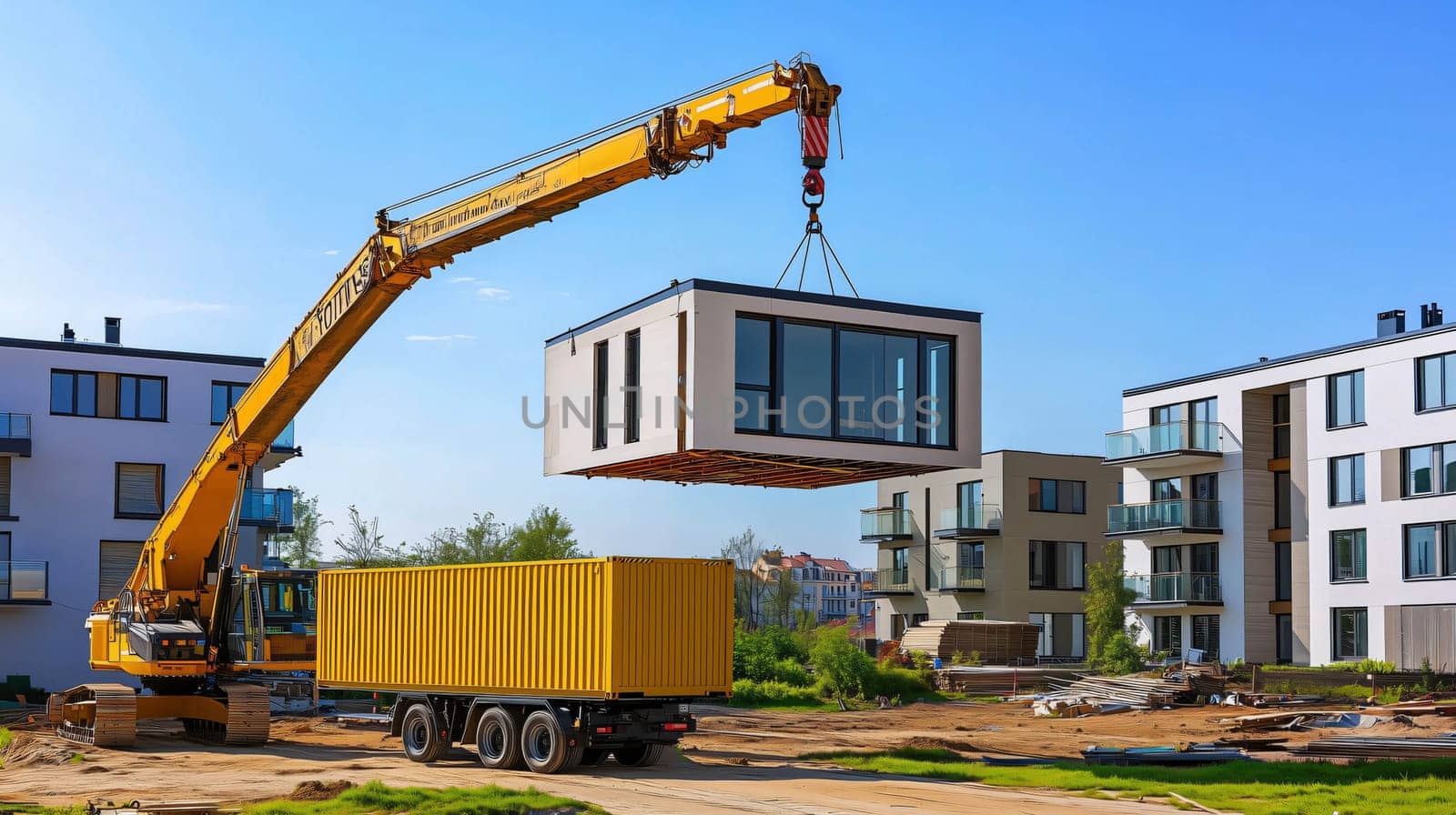 Prefabricated modular house is being lifted by a crane on a construction site