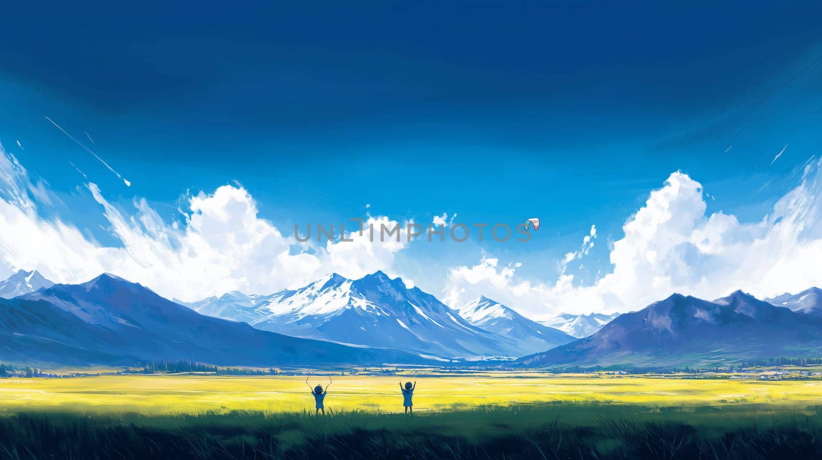 Two kids are enjoying a sunny summer day flying a kite in a vast green meadow with majestic mountains in the background