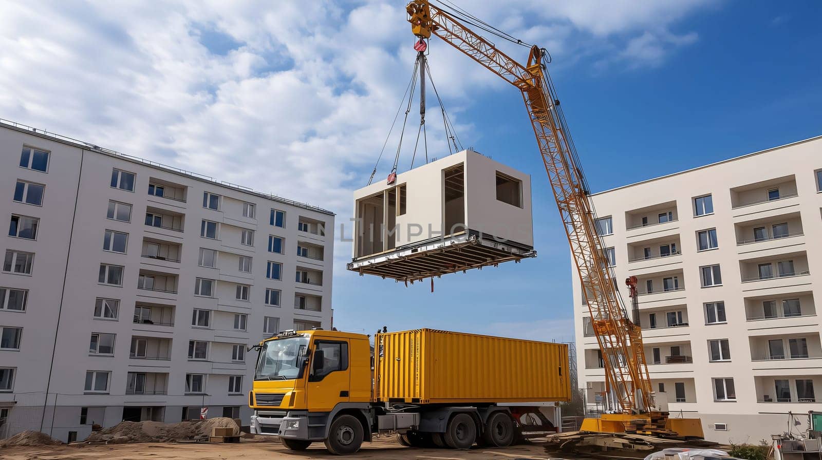 Prefabricated house module is being lifted by a construction crane