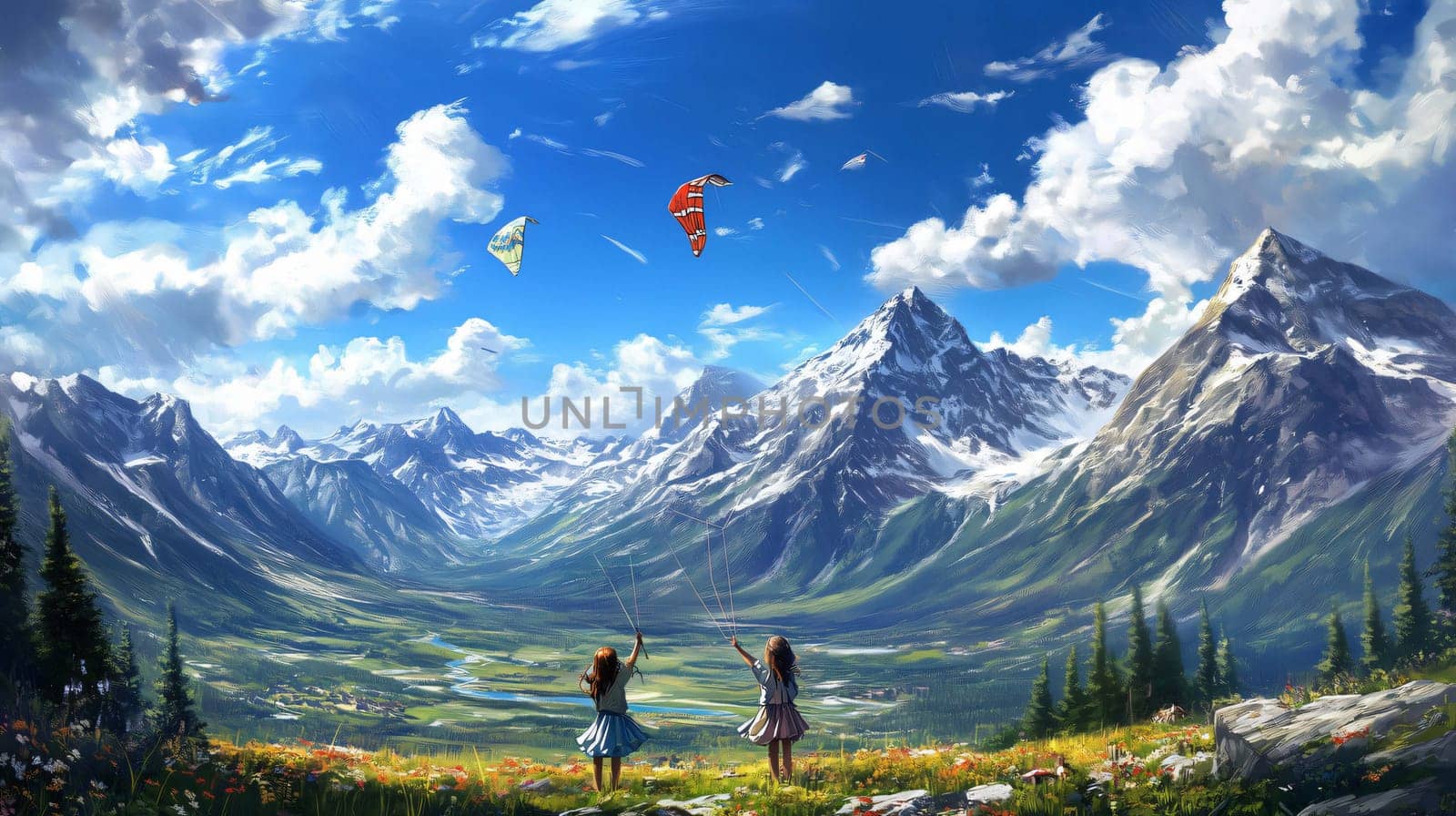 Two girls flying kites in a mountain valley, enjoying a sunny day in nature with a beautiful view of the mountains and the valley