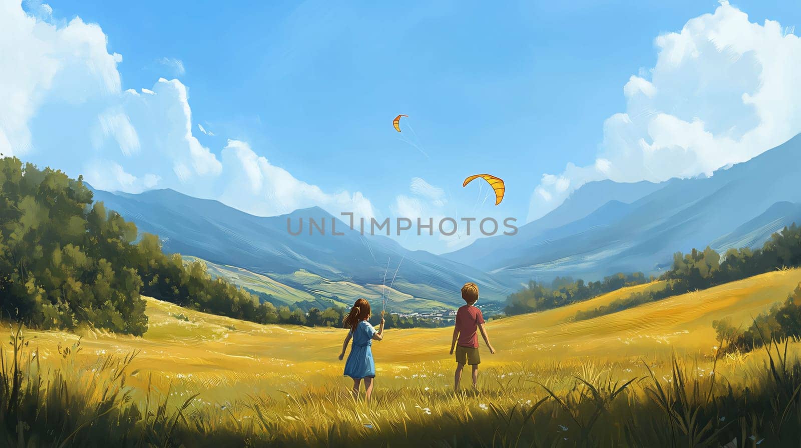 Two children flying kites in a vast green meadow under a blue sky with fluffy white clouds