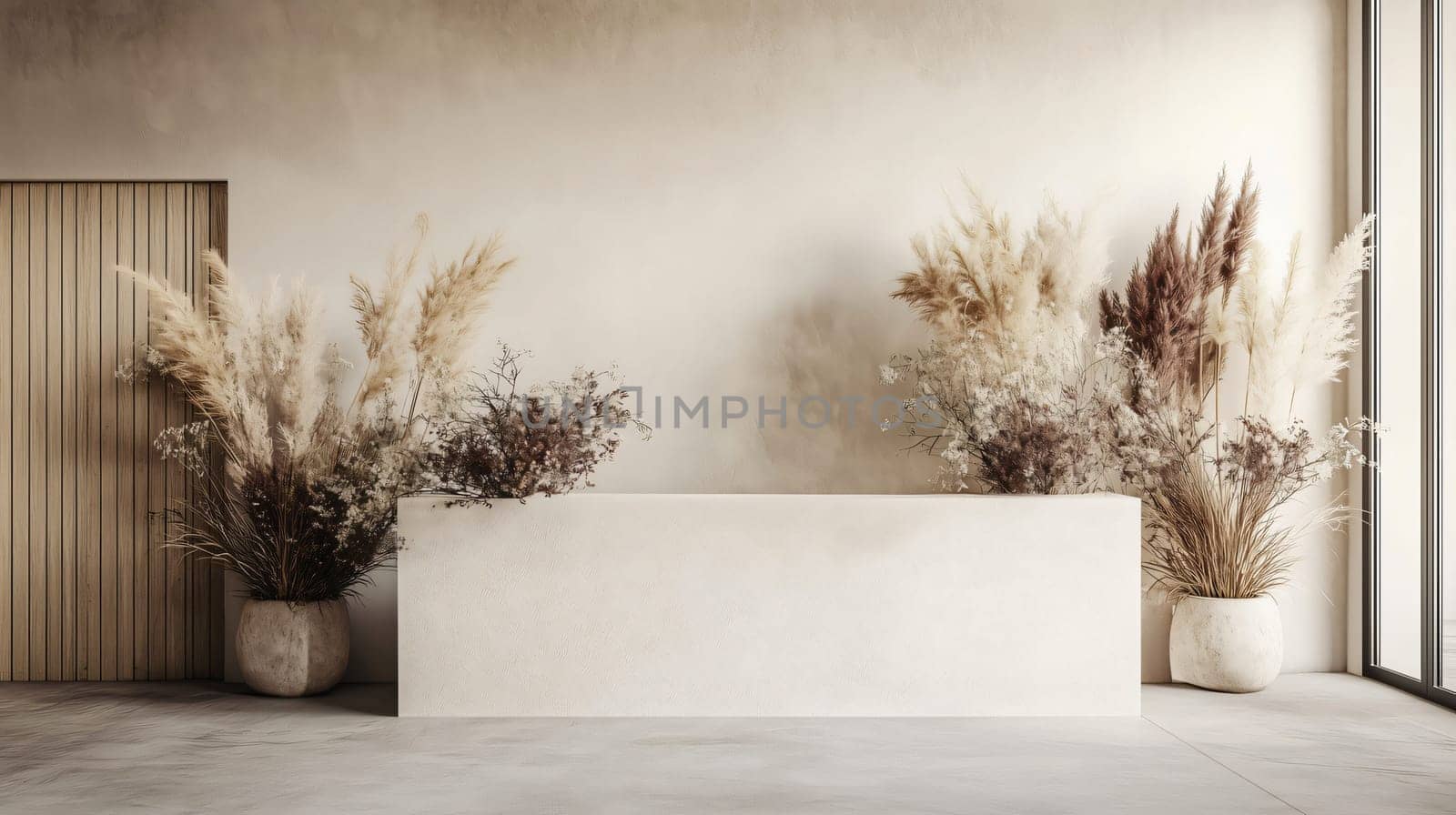 Minimalist and modern reception area with a white desk and dried plants, creating a welcoming atmosphere