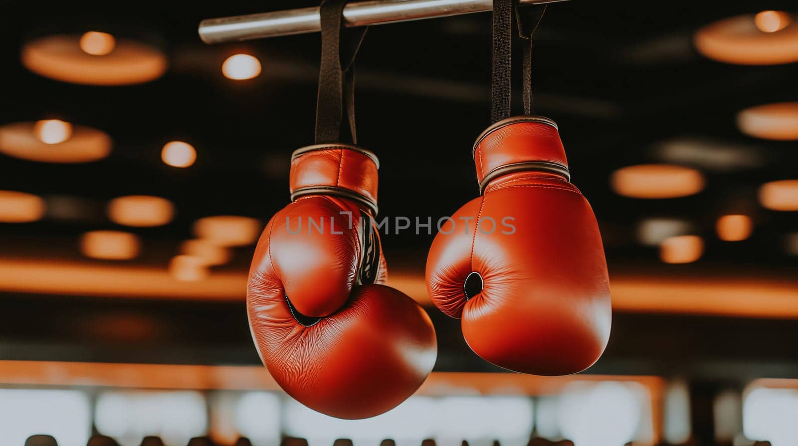 Pair of red boxing gloves is hanging on a blurred background in a fitness center