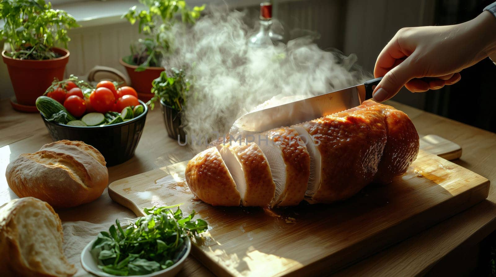 Person is slicing a roasted turkey breast on a cutting board with vegetables and bread nearby