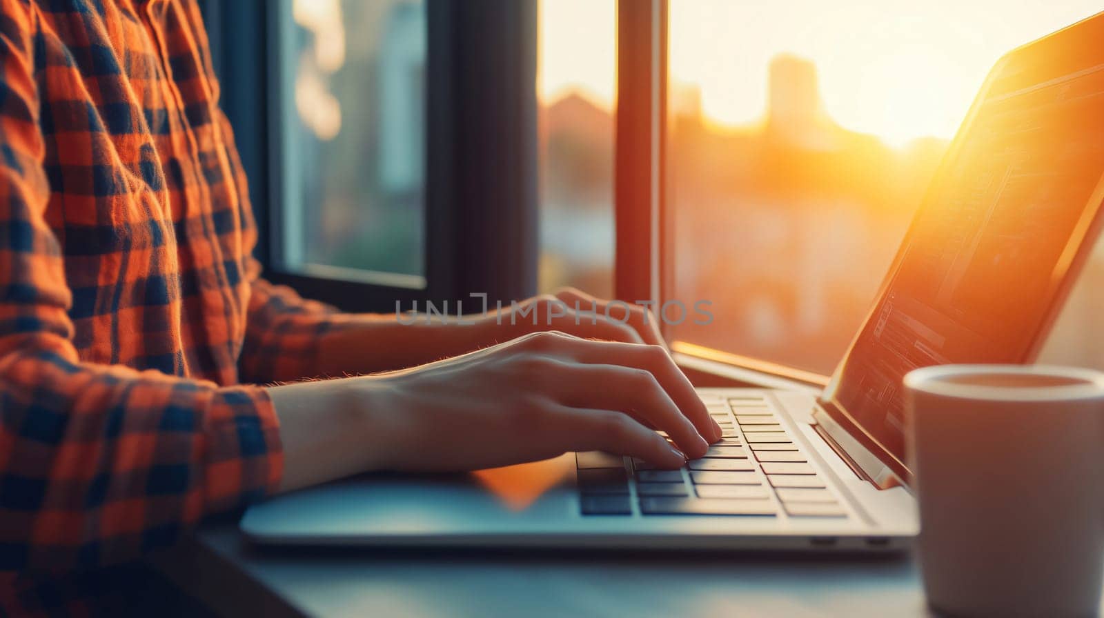 Web developer working from home office typing on laptop keyboard near window at sunset