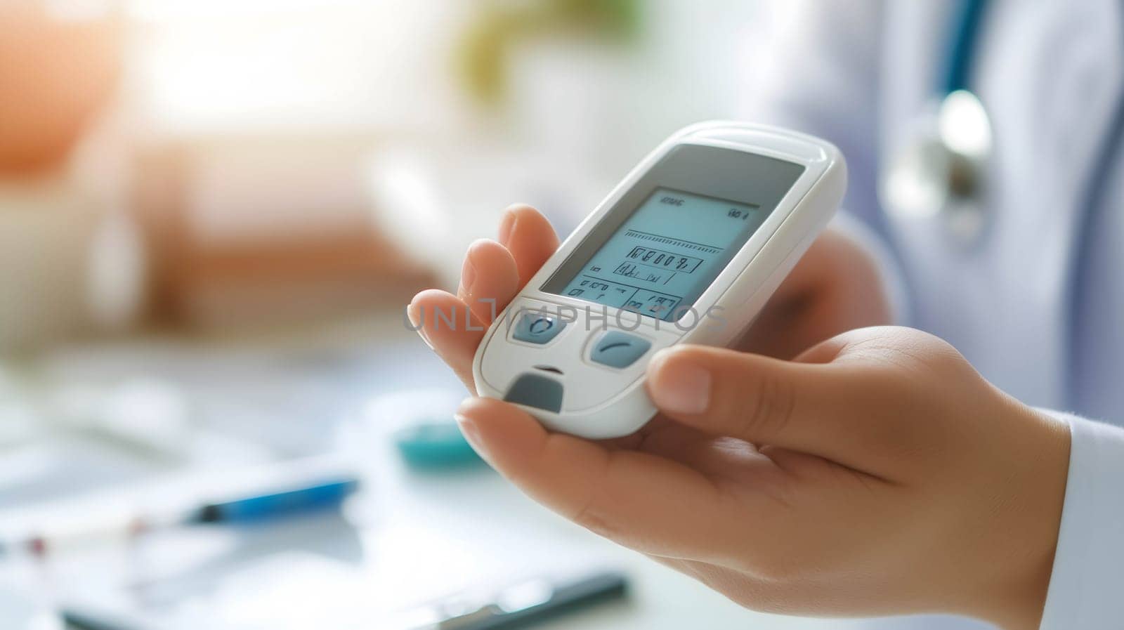Doctor holding a glucose meter, checking blood sugar level, healthcare, and medical technology concept