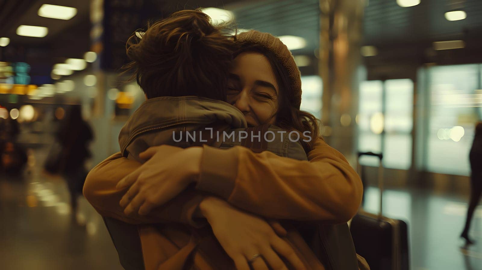 Couple hugging at airport, emotional reunion, travel, love, and warmth