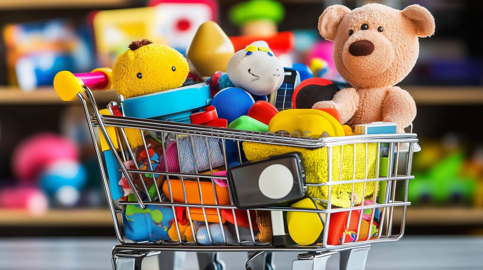 Shopping cart overflowing with toys in a toy store, symbolizing the excitement of shopping for children's gifts