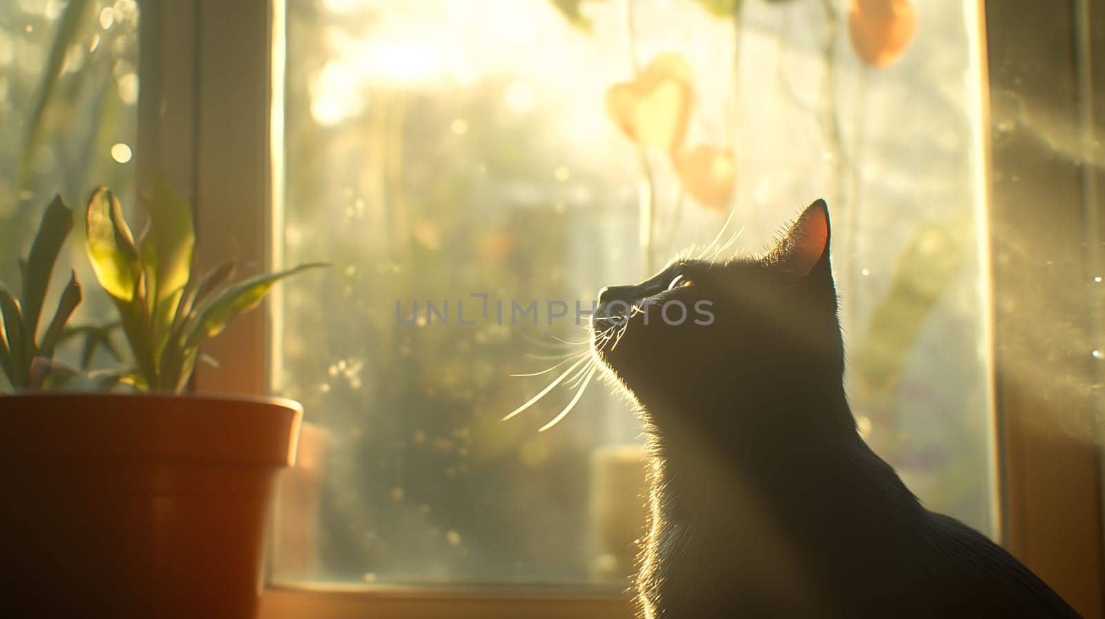 Black cat is sitting on a window sill, enjoying the warm sunlight