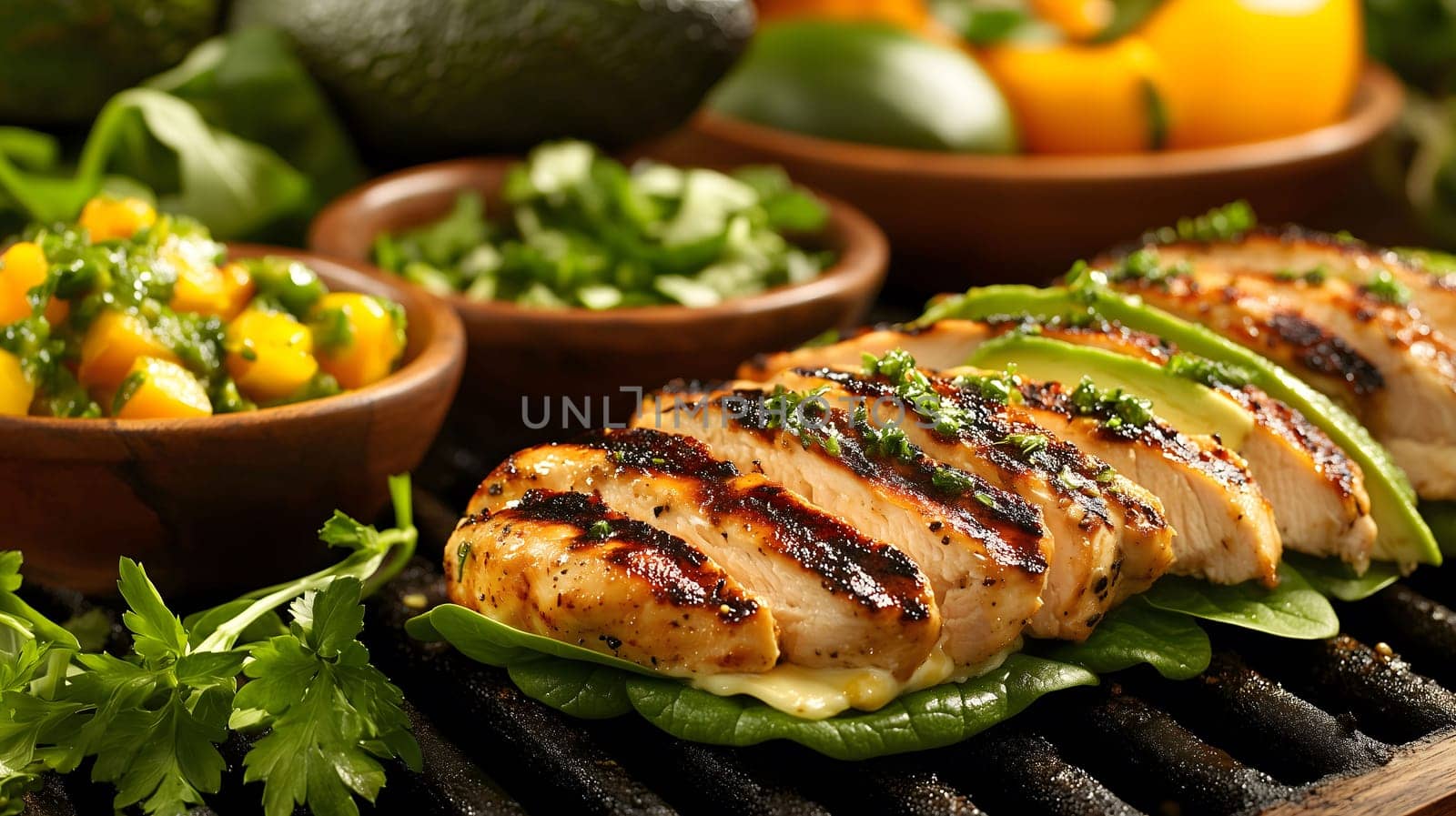 Sliced grilled chicken breast is seasoned and topped with fresh avocado and cilantro, being served on a bed of spinach with mango salsa