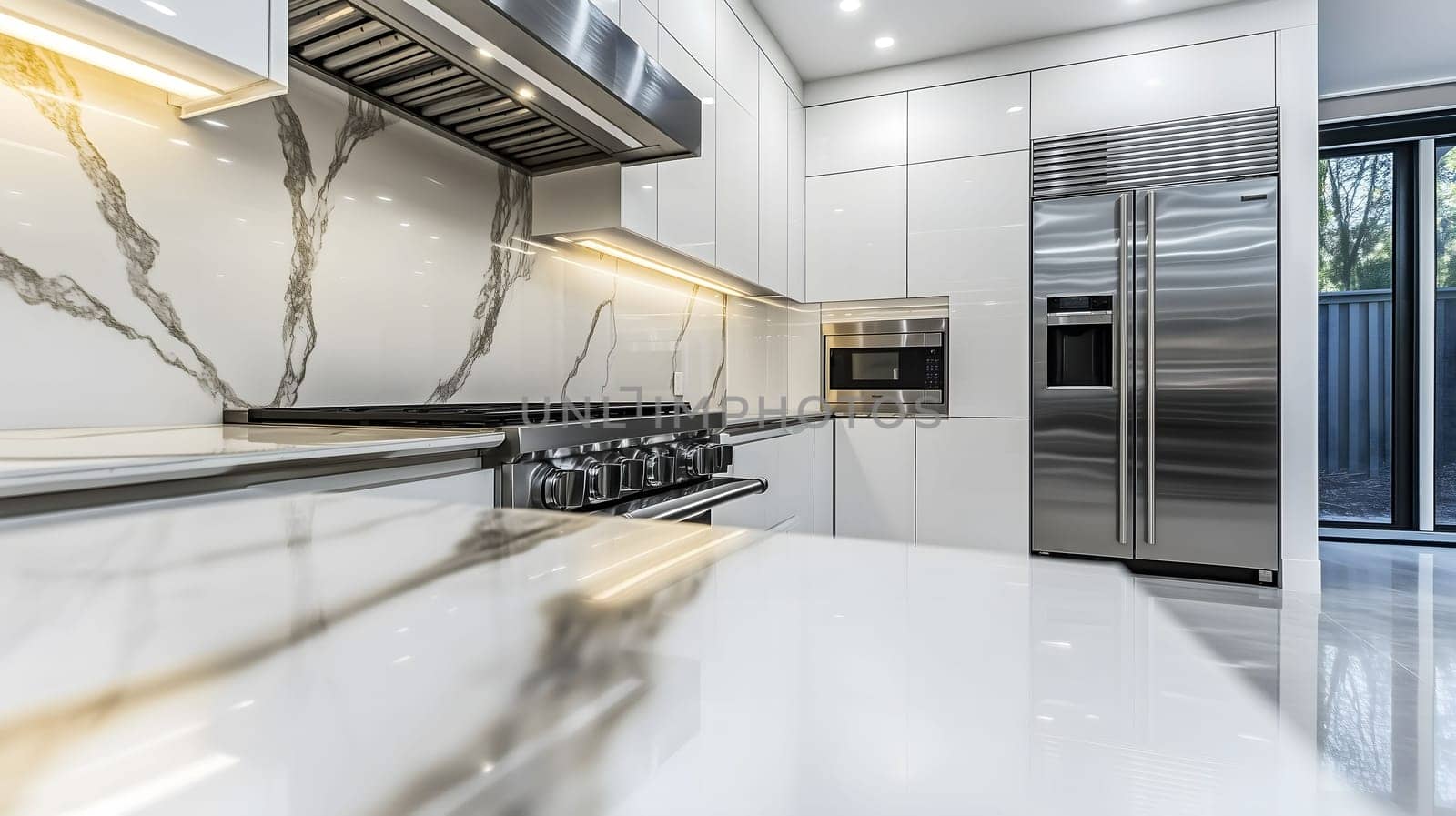 Gleaming white kitchen design featuring slab marble countertops and backsplash