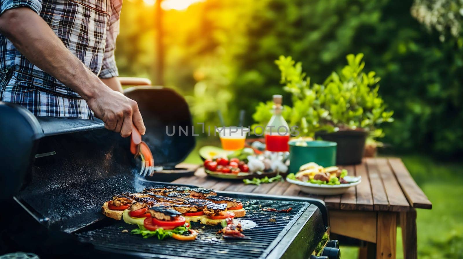 Man grilling sandwiches and vegetables on a barbecue grill during a garden party