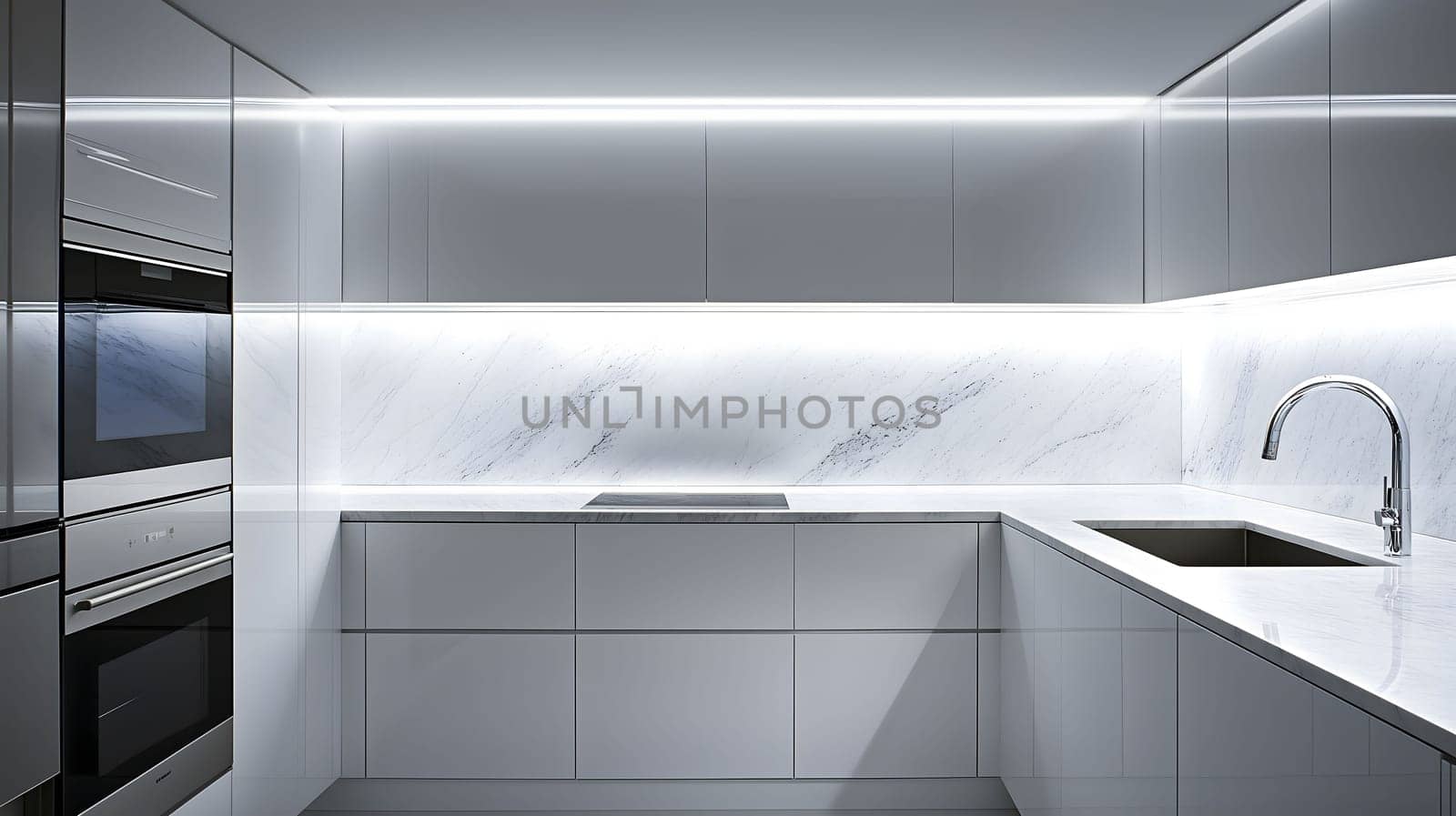 Modern kitchen design featuring minimalist white cabinets, marble countertops and backsplash illuminated with led strip lights