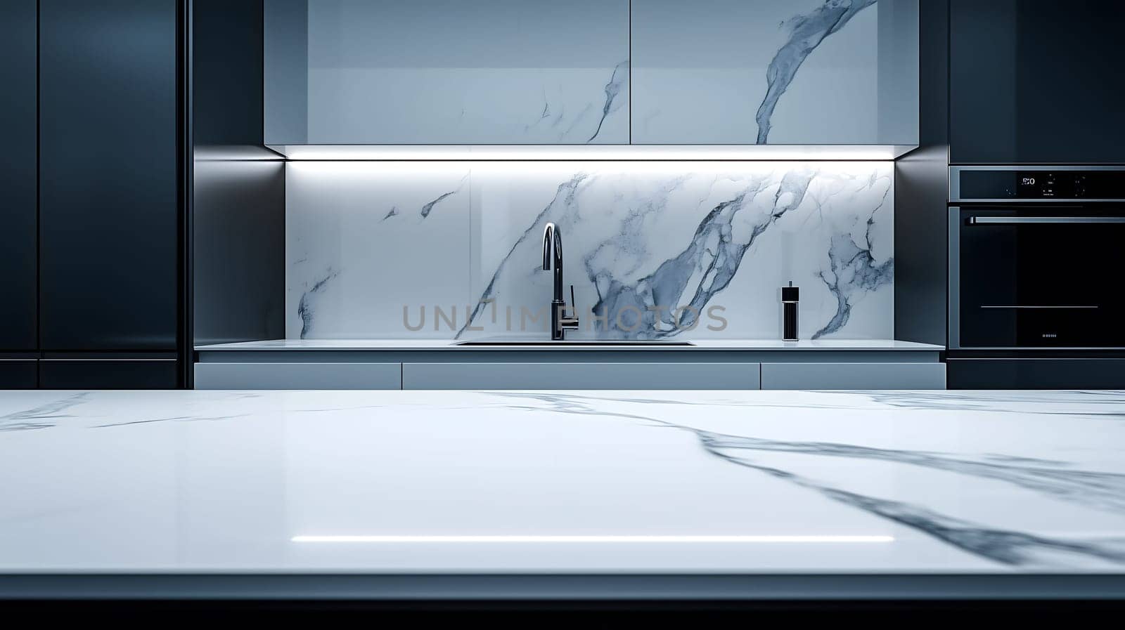 Empty white marble countertop illuminating a modern kitchen design featuring a marble backsplash and stainless steel appliances