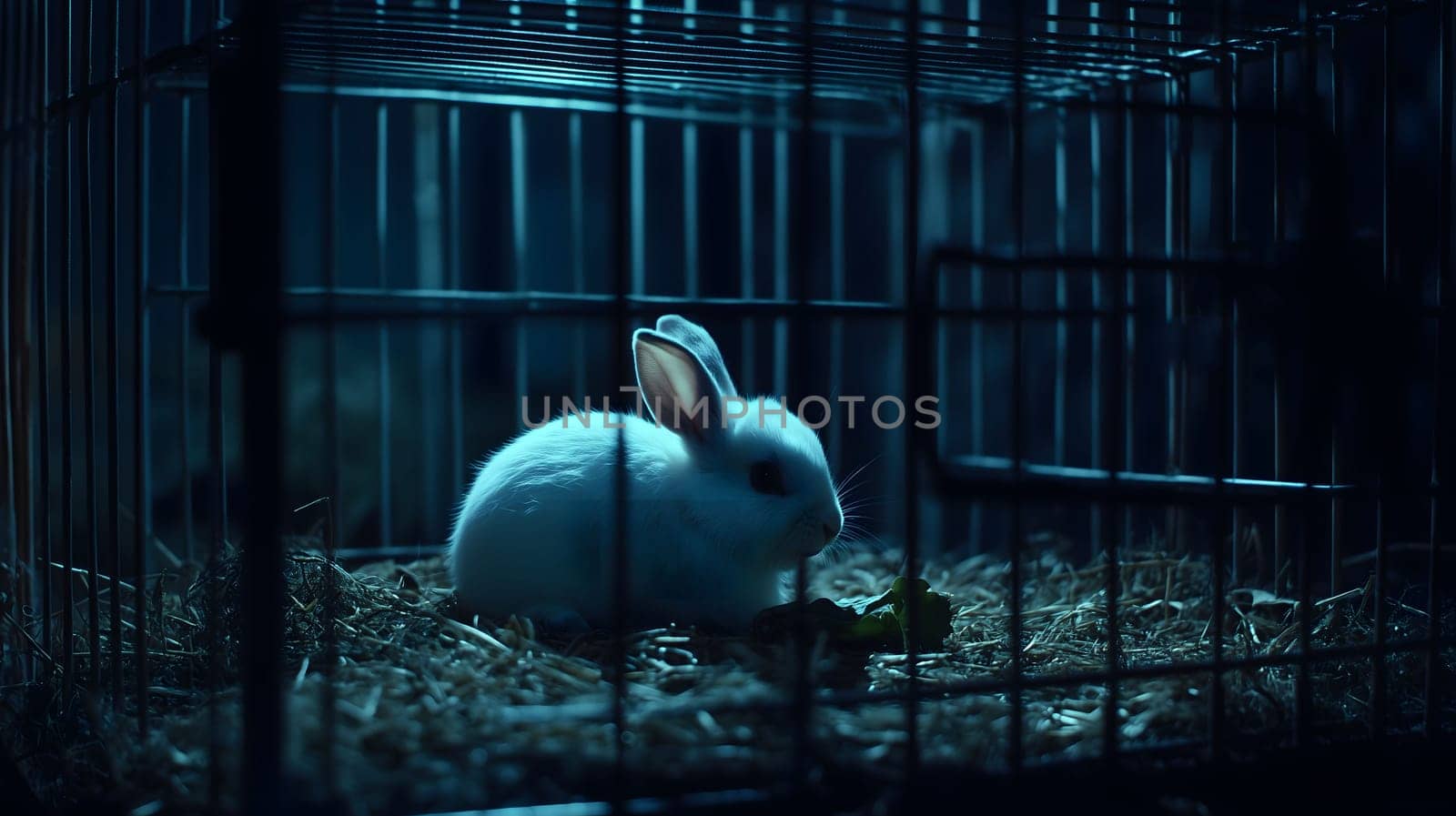 White rabbit is sitting in a cage at night, illuminated by a blue light