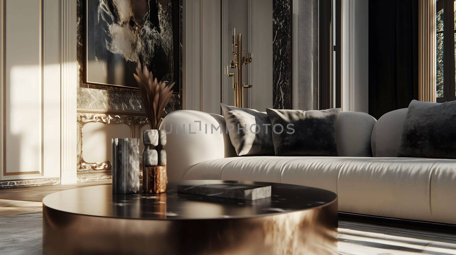 Sunlight streaming through the window illuminates an elegant living room with a white sofa, marble coffee table, and gold accents
