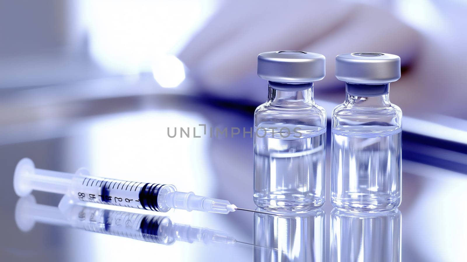 Syringe is lying near two vials containing transparent liquid on a reflective surface