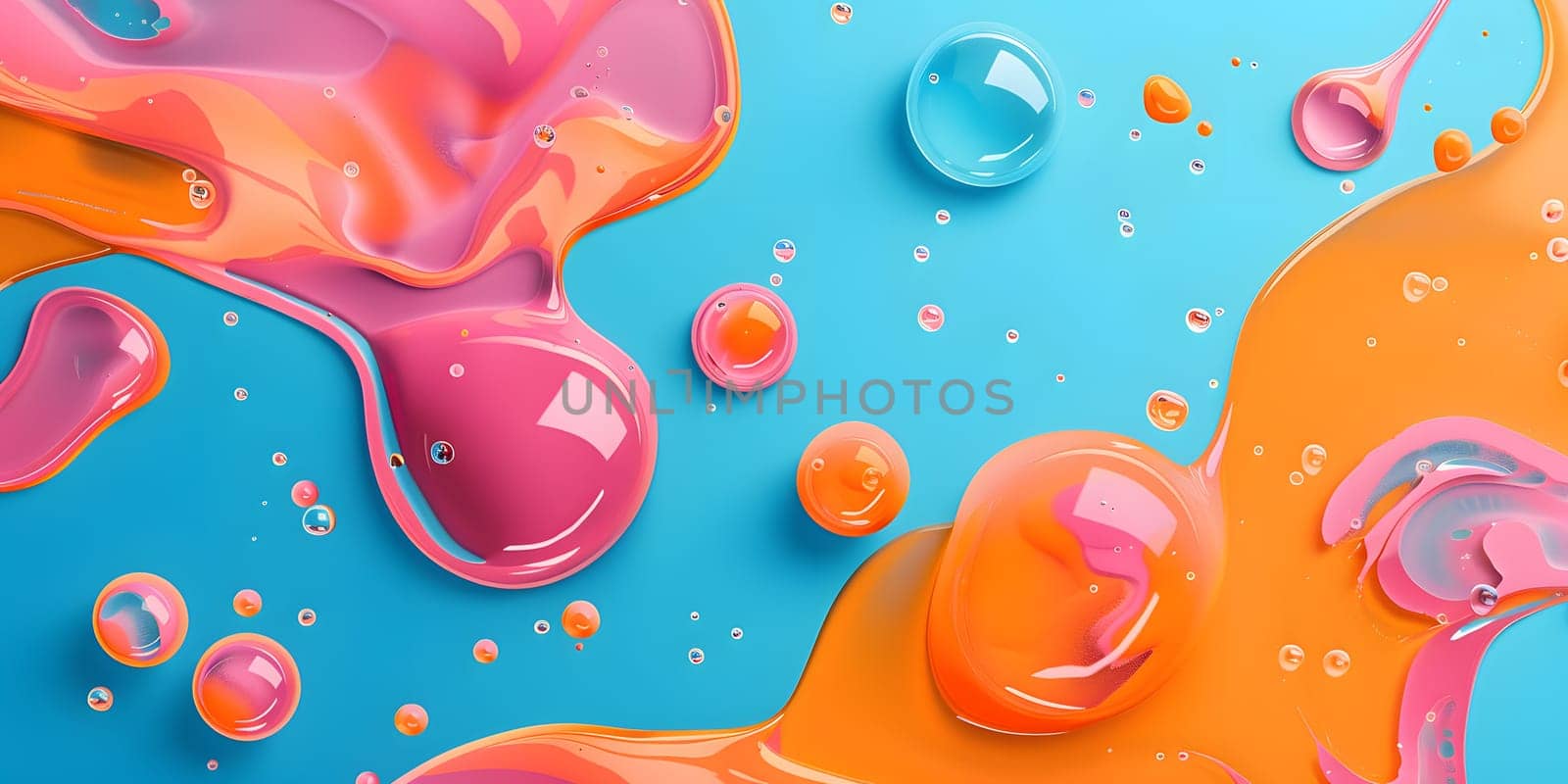 Vibrant fluid splashes with colorful gradients on blue and orange backdrop