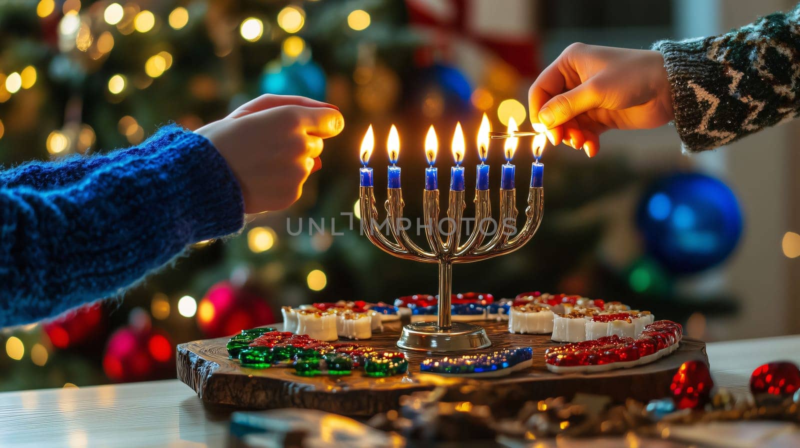 Family members lighting hanukkah menorah candles on a table with christmas tree lights in the background