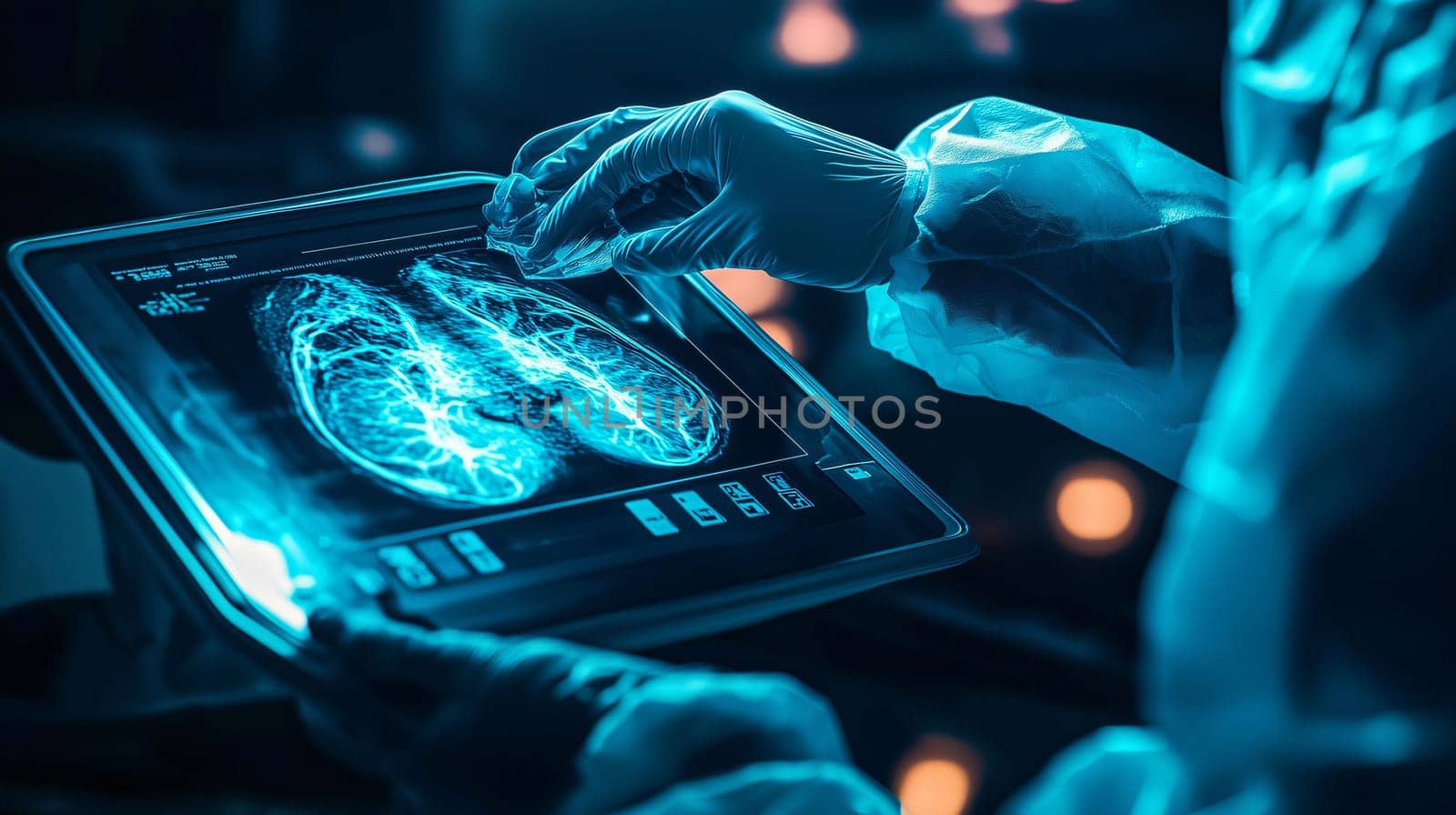 Medical professional is examining a mammogram image on a digital tablet, looking for signs of breast cancer