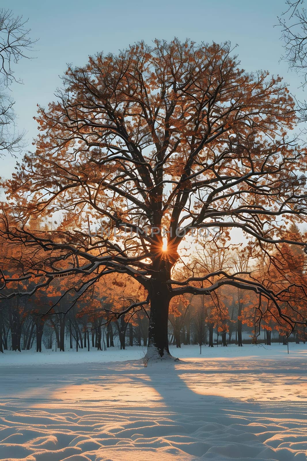 The sunlight filters through the deciduous trees branches onto the snowy ground, creating a beautiful play of tints and shades in the natural winter landscape