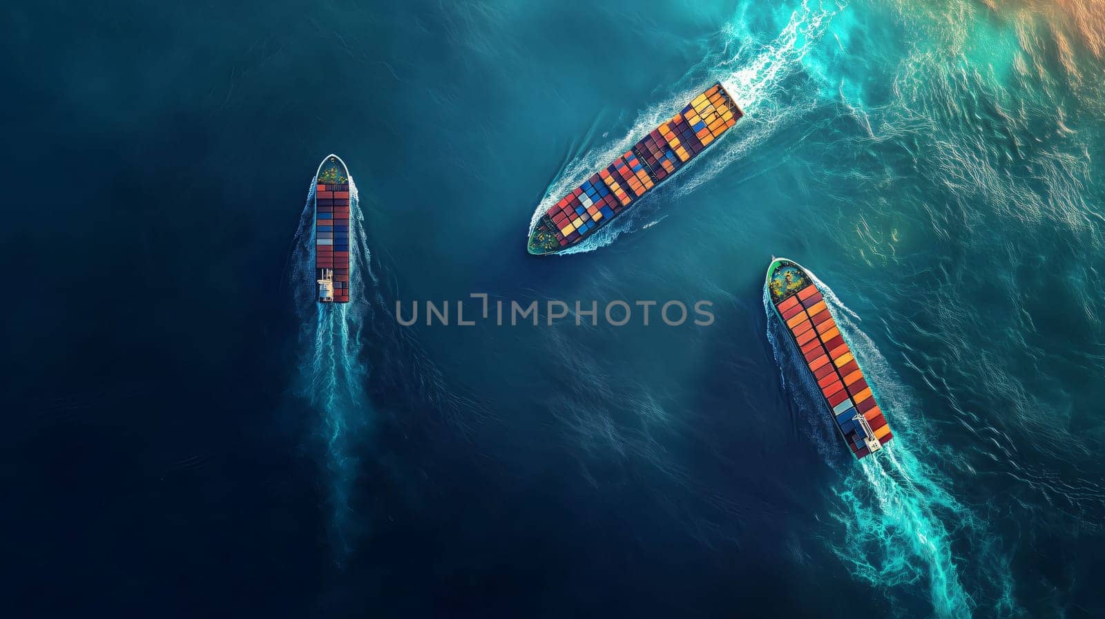 Three cargo ships sailing across a deep blue ocean, transporting goods around the world
