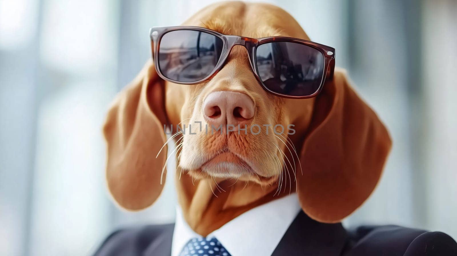 Serious dog wearing suit and sunglasses looking at you
