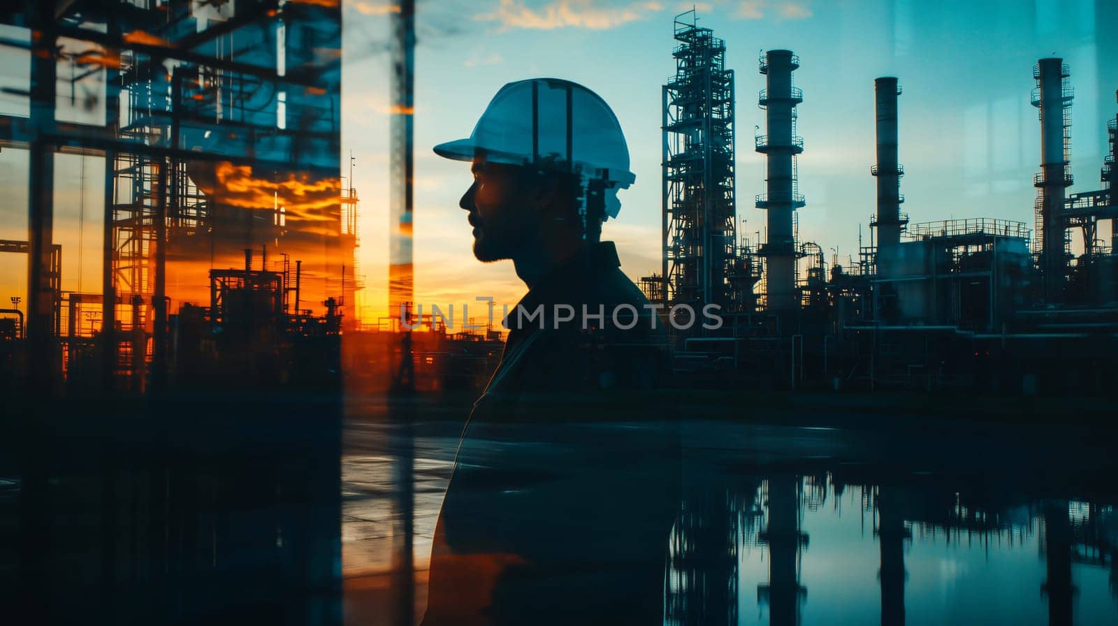 Silhouette of engineer wearing hardhat with double exposure of industrial plant at sunset