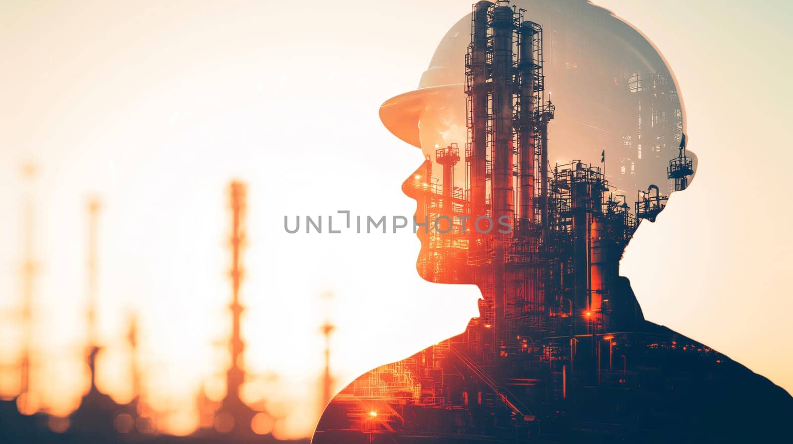 Double exposure of an engineer wearing a hard hat with an industrial plant at sunset