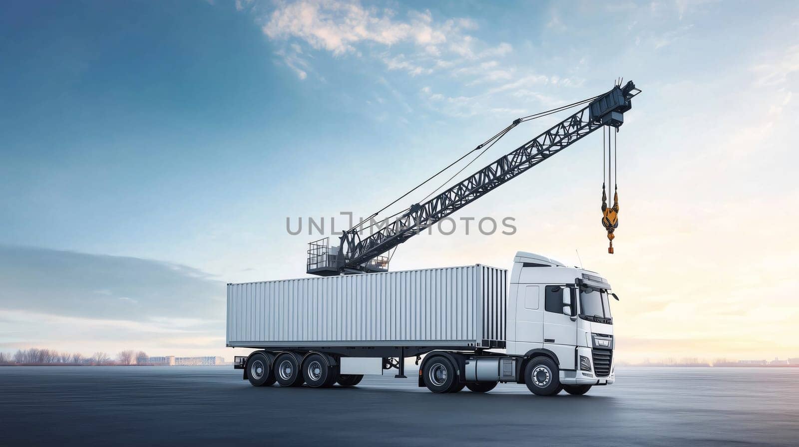 Mobile crane is lifting a cargo container on a truck against a dramatic sky